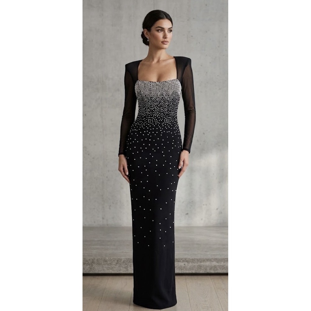 Vintage Lillie Rubin Black Maxi Dress Mesh Square Neck Beaded Size Medium